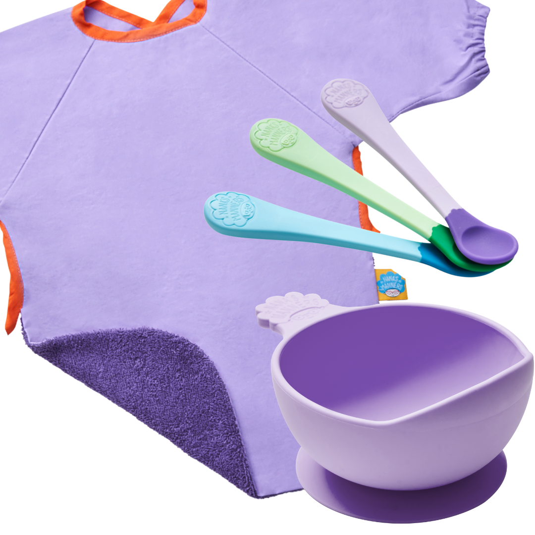 Stage 1 - Essential Weaning Collections, Lilac Wax Cotton Coverall, Suction Bowl, Weaning Spoons &