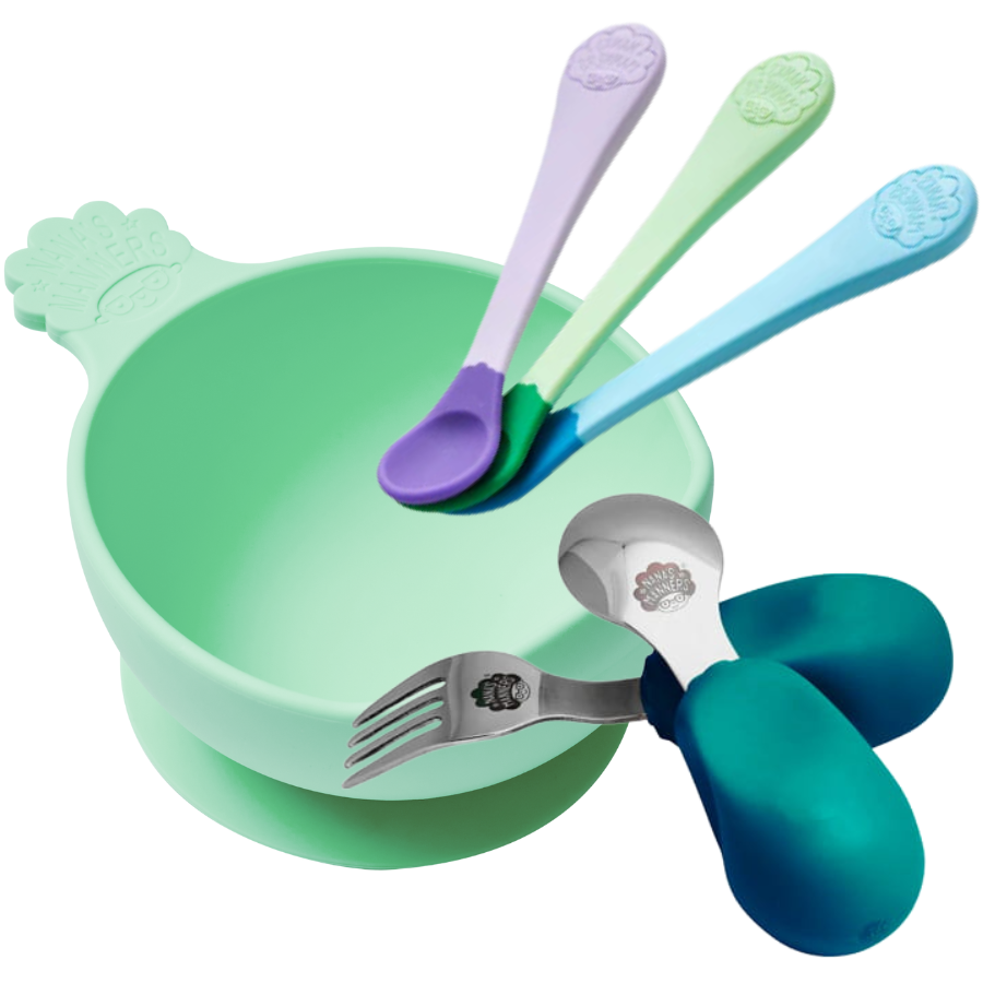 Wiosenny zestaw jedzeniowy: Miska, łyżeczki, sztućce dla dzieci od 6 miesięcy do 3 lat + pudełko prezentowe