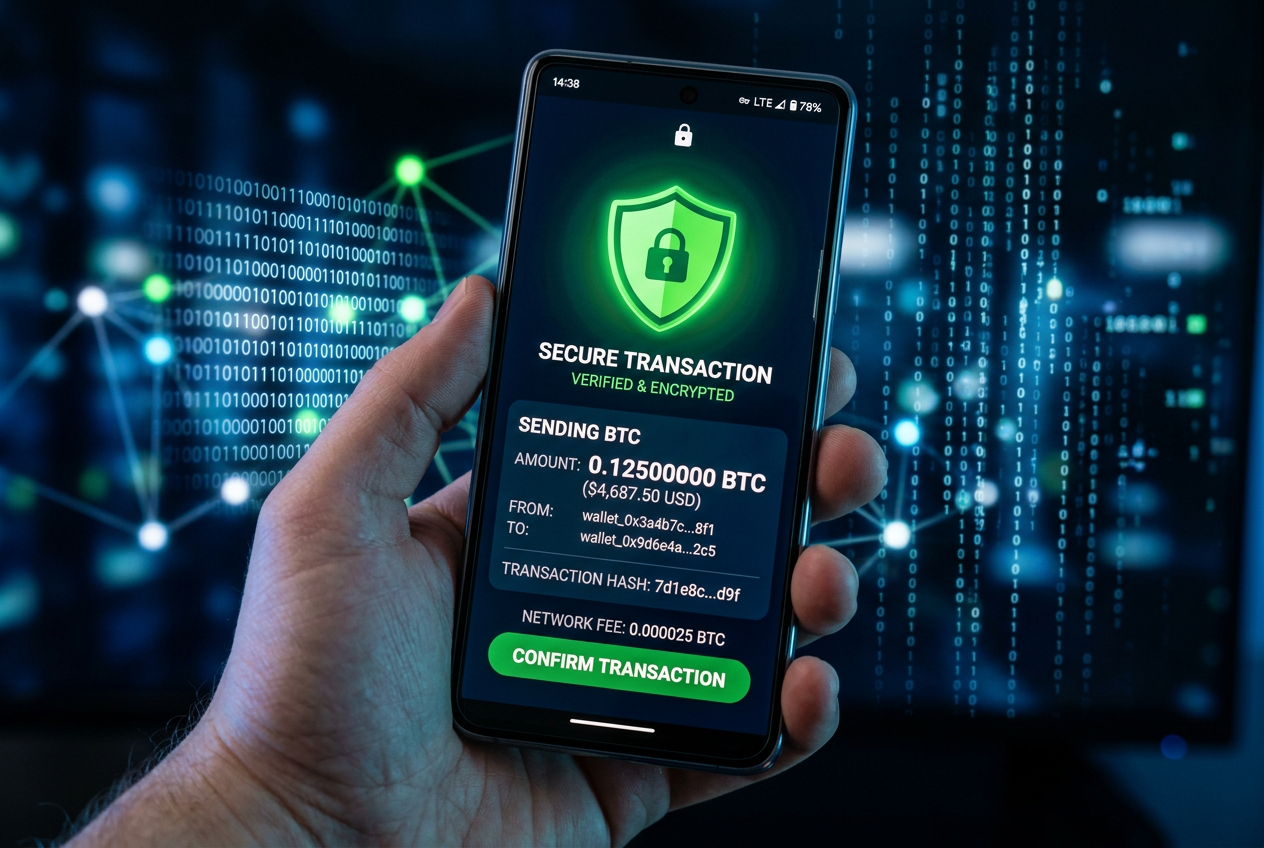Bezpieczna transakcja kryptowalutowa na ekranie smartfona z zieloną tarczą ochronną
