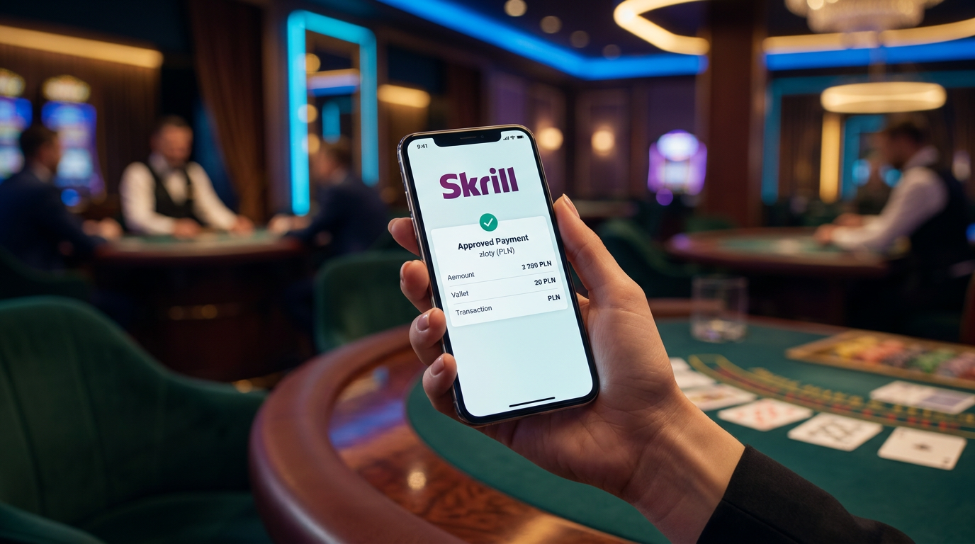 Profesjonalny gracz korzystający z portfela Skrill na smartfonie w otoczeniu kasyna