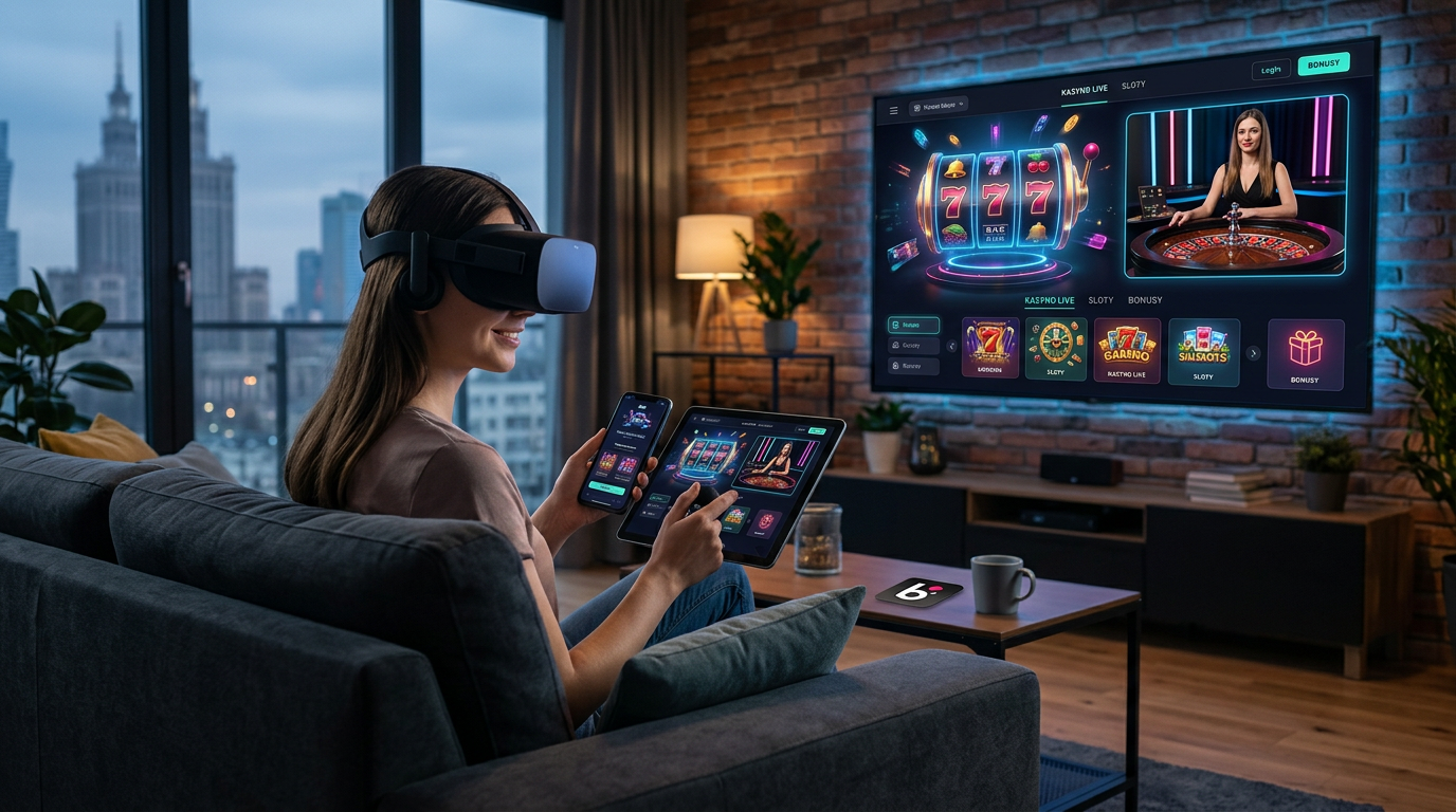 Futurystyczne kasyno online 2026 z nowoczesnymi technologiami i neonowym oświetleniem.