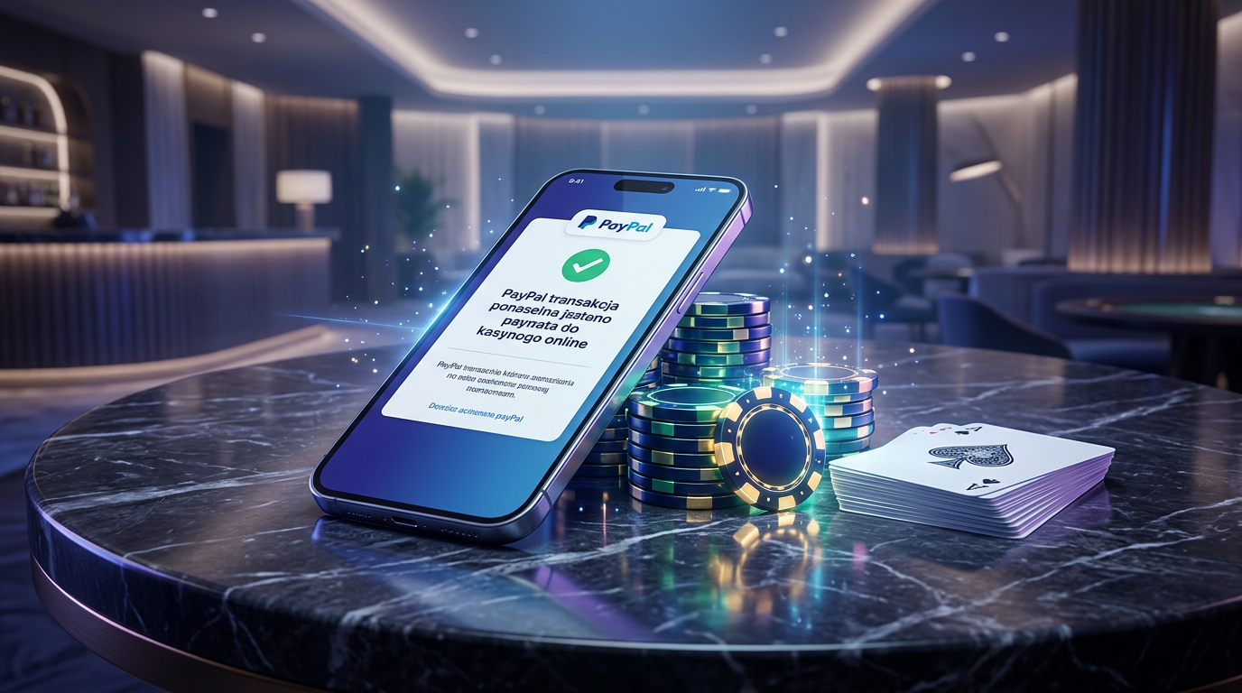Smartfon z logiem PayPal obok żetonów kasynowych na eleganckim blacie.