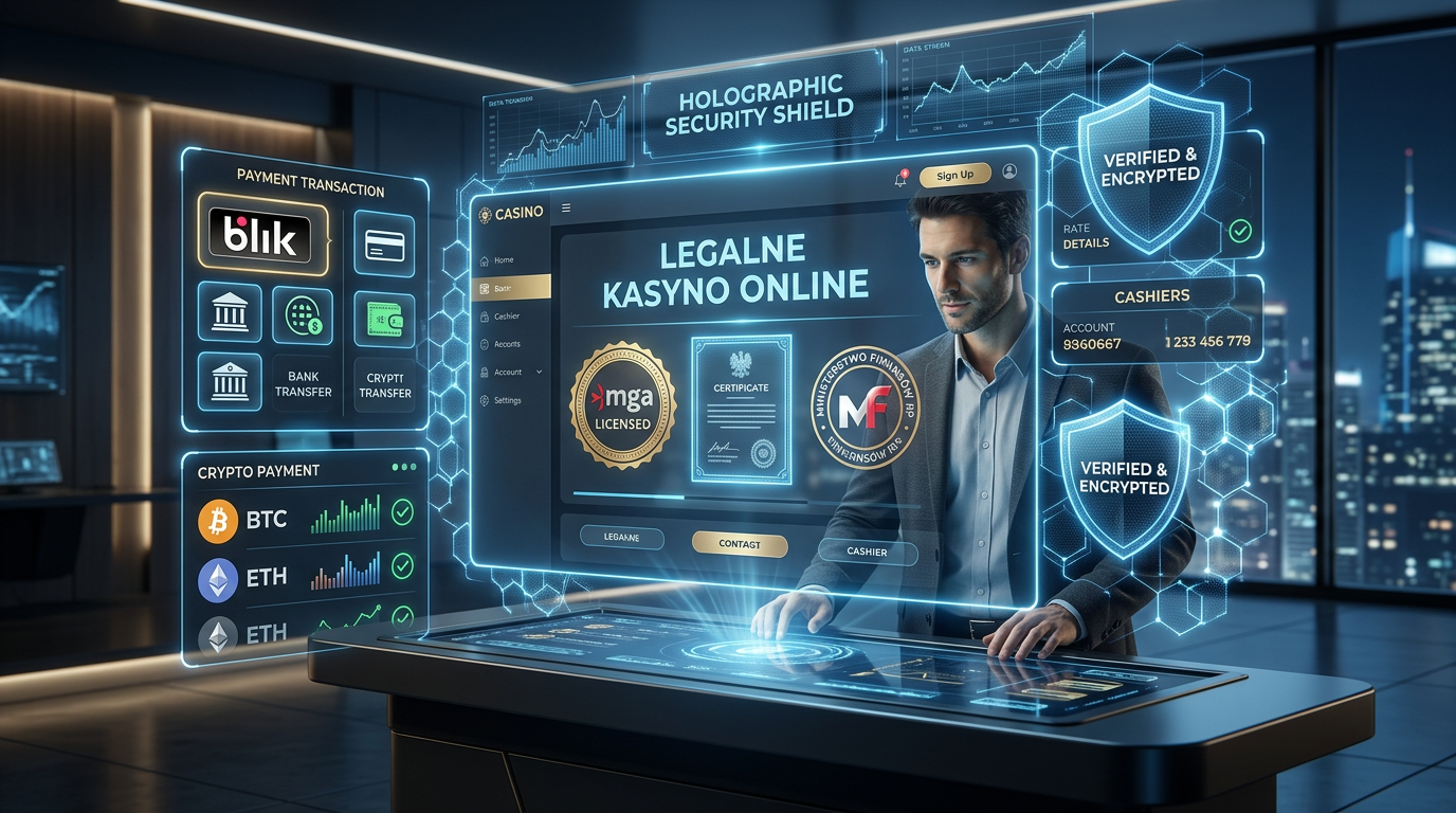 Futurystyczny i bezpieczny interfejs legalnego kasyna online 2026 z certyfikatami i systemami płatności.