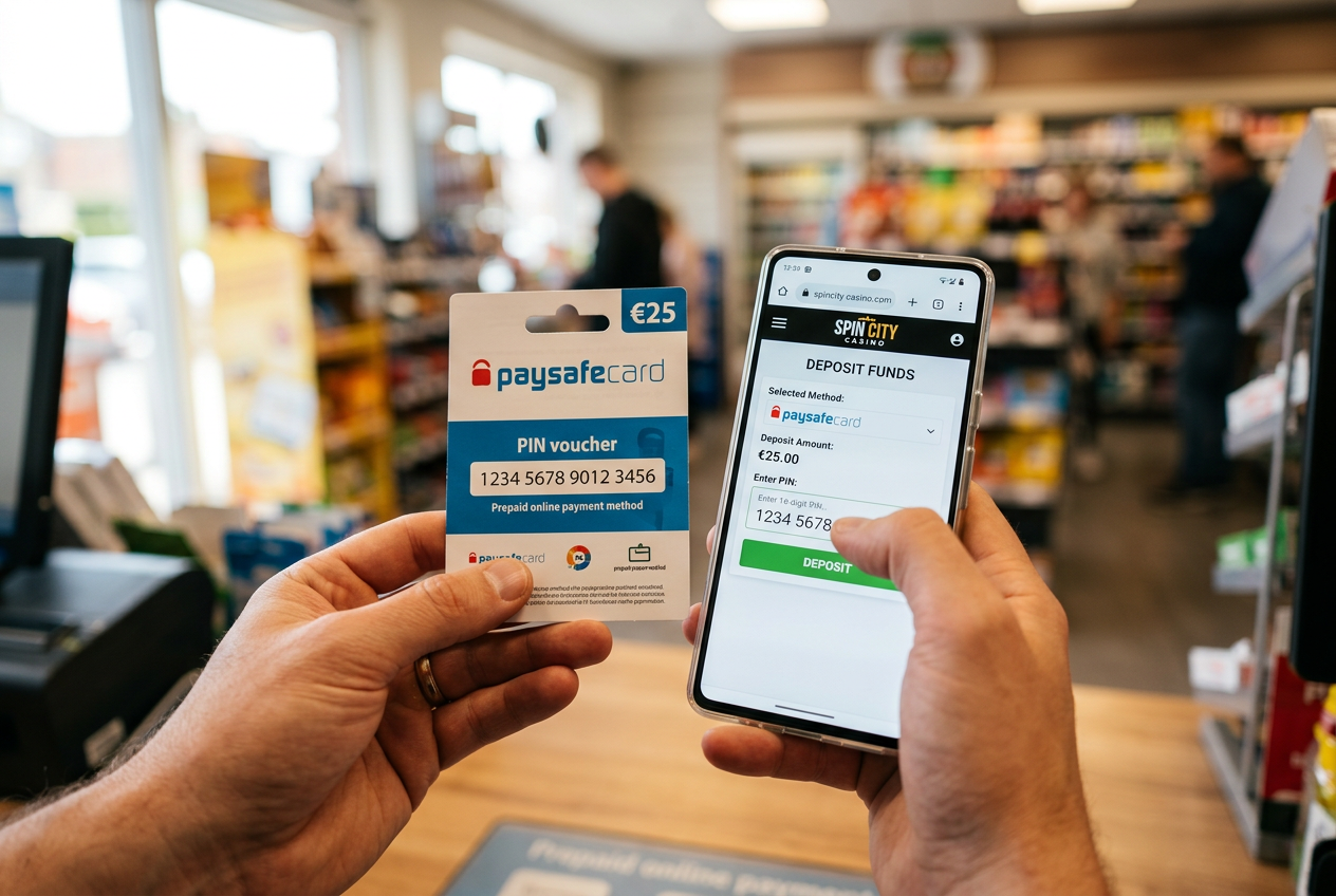 Osoba trzymająca voucher Paysafecard przed smartfonem z aplikacją kasyna online